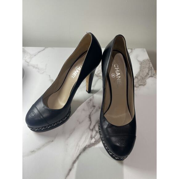 CHANEL Shoes - Chanel Black Leather Platform Pumps with Chain Detail